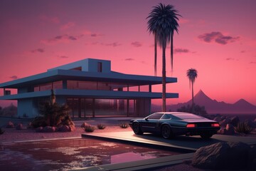 Fototapeta premium Minimal Modern Home in a Desert With a Luxury Car Parked Outside. Desertwave Vibes. 
