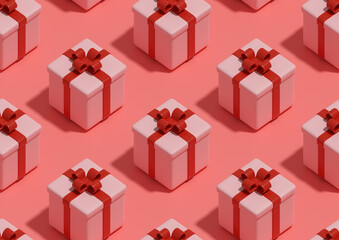 Isometric seamless pattern of pink gift boxes. 3d illustration.