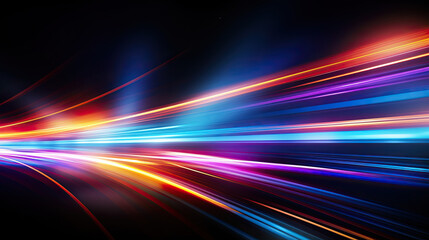 Colorful light trails with motion effect. Illustration of high speed light effect on black background (generative AI) 