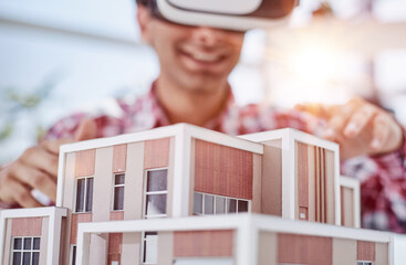Virtual reality futuristic design technology. Architect or design engineer in VR headset for BIM...