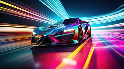 Futuristic Sports Car On Neon Highway. Powerful acceleration of a supercar with colorful lights trails (generative AI) 