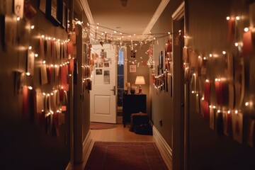 Christmas greeting cards from friends and family, Xmas lights are hanging on home hallway walls.