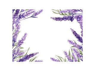 Frame of tender watercolor lavender flowers border on transparent background