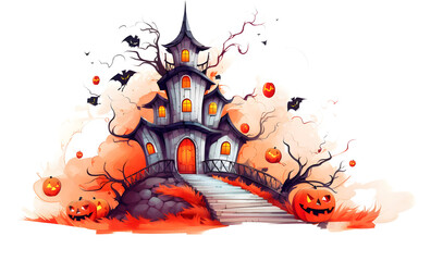 Cute halloween haunted house watercolor style isolated on white background