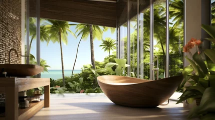 Fotobehang A bathroom with a bathtub in a tropical island hotel surrounded by palm trees and greenery © mashimara