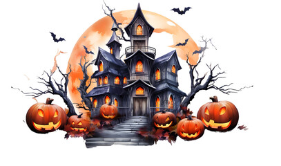 Cute halloween haunted house watercolor style isolated on white background