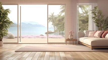 Beige light hotel living room with panoramic windows and summer sea view
