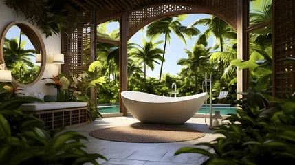 Fotobehang A bathroom with a bathtub in a tropical island hotel surrounded by palm trees and greenery © mashimara