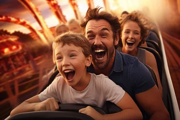 Papier Peint photo Parc dattractions Father and children family riding a rollercoaster at an amusement park experiencing excitement, joy, laughter, and fun