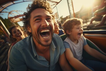 Obraz na płótnie Canvas Father and children family riding a rollercoaster at an amusement park experiencing excitement, joy, laughter, and fun