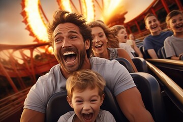 Father and children family riding a rollercoaster at an amusement park experiencing excitement, joy, laughter, and fun