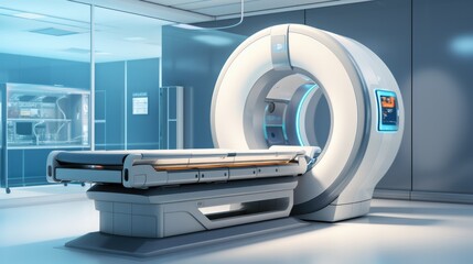 Medical CT or MRI or PET Scan. Technologically Advanced and Functional Mediсal Equipment. High-tech modern CT scan room in the modern hospital.
