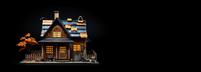 Toy house against black background