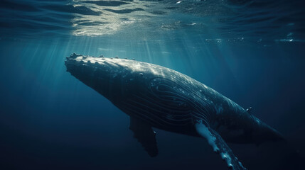 Fototapeta premium Humpback Whale Plays Near the Surface in Blue Water.