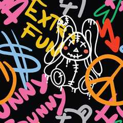 Graffiti Slogan Extra Fun, Funny Bunny Seamless Pattern in Neon Colors. Urban typography print with Teddy Rabbit. Abstract graphic underground unisex design for t-shirts and sweatshirt for teenagers.