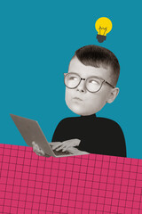 Composite photo creative collage of funny schoolboy academic writing laptop message courses online...