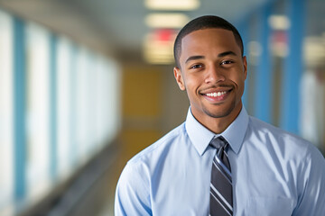 Smiling 30 year old teacher in shirt and tie posing in a school corridor.