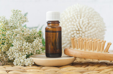 Small bottle with essential yarrow oil, wooden hairbrush and yarrow flowers. Aromatherapy, homemade beauty treatment and herbal medicine ingredients.