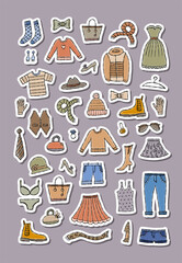 Fashion clothes set. Sticker pack for your design. Garment, accessory for men, women. Different apparel collection. Modern casual dress, pants, jacket, shoes and bags. Vector illustration
