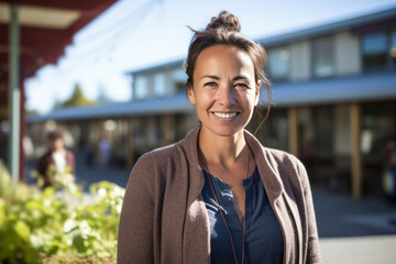 Smiling 40 year old teacher standing in the sun outside in a school playground.
