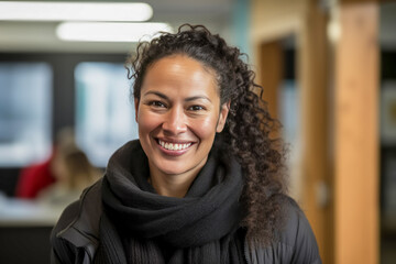 Smiling woman teacher posing inside a school building.