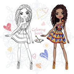 Vector Coloring Book of cute fashion african girl