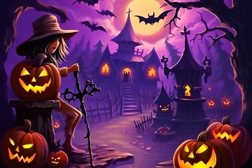 Rollo cute halloween witch HAlloween background with pumpkins against the backdrop of the moon on haunted landscape © Azra