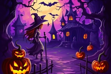 cute halloween witch HAlloween background with pumpkins against the backdrop of the moon on haunted landscape