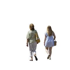 une maman et sa fille en promenade vues de dos sur fond transparent. 
