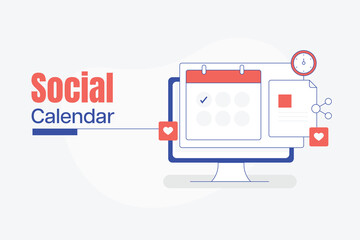 Social media scheduler, Content calendar, Social media content planner, Social media marketing tool, Post scheduler, Vector landing page illustration