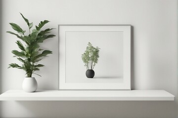 Empty square frame mockup in modern minimalist interior with plant in trendy vase on white wall background
