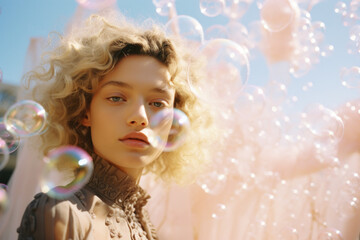 portrait of a woman/model/book character surrounded by soap bubbles ethereal setting in a fashion/beauty editorial magazine style film photography look - generative ai art