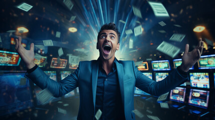 Guy wins the casino jackpot or lottery with money all around the man and gambling machines background