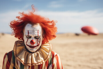 Portrait of a man dressed as a clown with sand desert background
