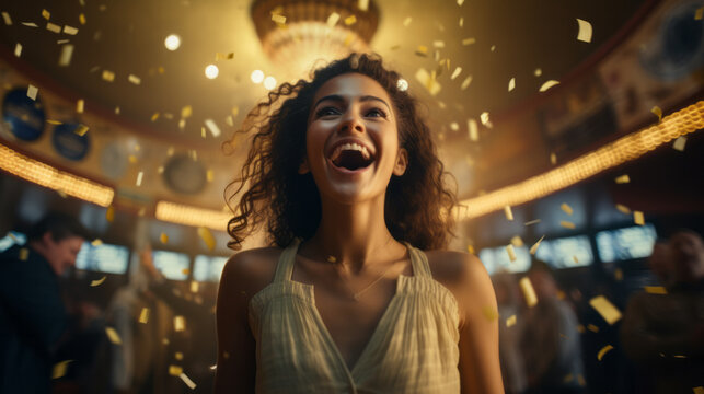 Girl wins the casino jackpot or lottery with money all around the woman and gambling machines background