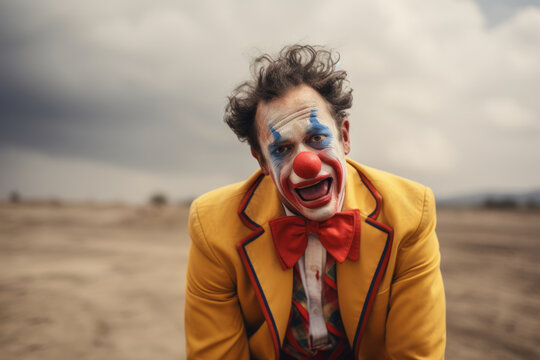 Portrait of a man dressed as a clown with sand desert background