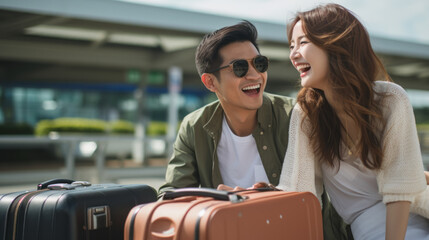 Young good-looking Asian couple sitting with suitcases at airport for international departure travel , happy smiling people