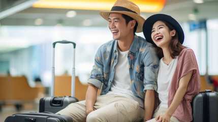 Young good-looking Asian couple sitting with suitcases at airport for international departure travel , happy smiling people - obrazy, fototapety, plakaty
