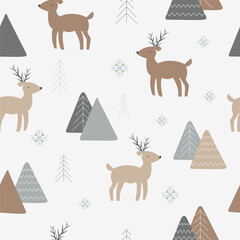 pattern Scandinavian pattern. Wallpaper of deer, Christmas trees, snowflakes in nude tones. vector illustration