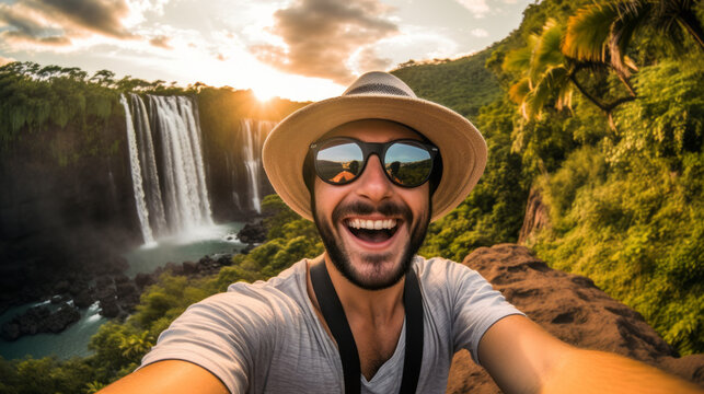 Selfie picture of an handsome tourist visiting national park in front of beautiful waterfall , happy man traveler with a hat and sunglasses enjoying freedom in the nature and sunset