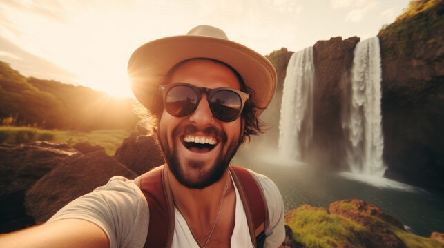 Selfie picture of an handsome tourist visiting national park in front of beautiful waterfall , happy man traveler with a hat and sunglasses enjoying freedom in the nature and sunset