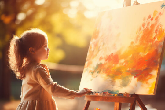 Kid artist painting outdoor on a canvas