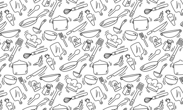 kitchen doodle seamless pattern backround hand drawing cooking icon