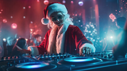 Obraz na płótnie Canvas A female Santa Claus rocking the dance floor with the DJ
