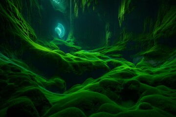 A hidden cave system, with intricate rock formations and underground rivers flowing through chambers adorned with vibrant green moss - AI Generative