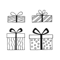 Set with gift box with different bows. Hand drawn vector illustration.