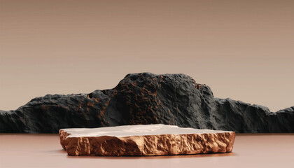 Mars rock group copper and black arid platform podium surface texture rough masculine men male concept raw stone stand advertisement display product backdrop mountain rock 3D Illustration vector .
 - obrazy, fototapety, plakaty