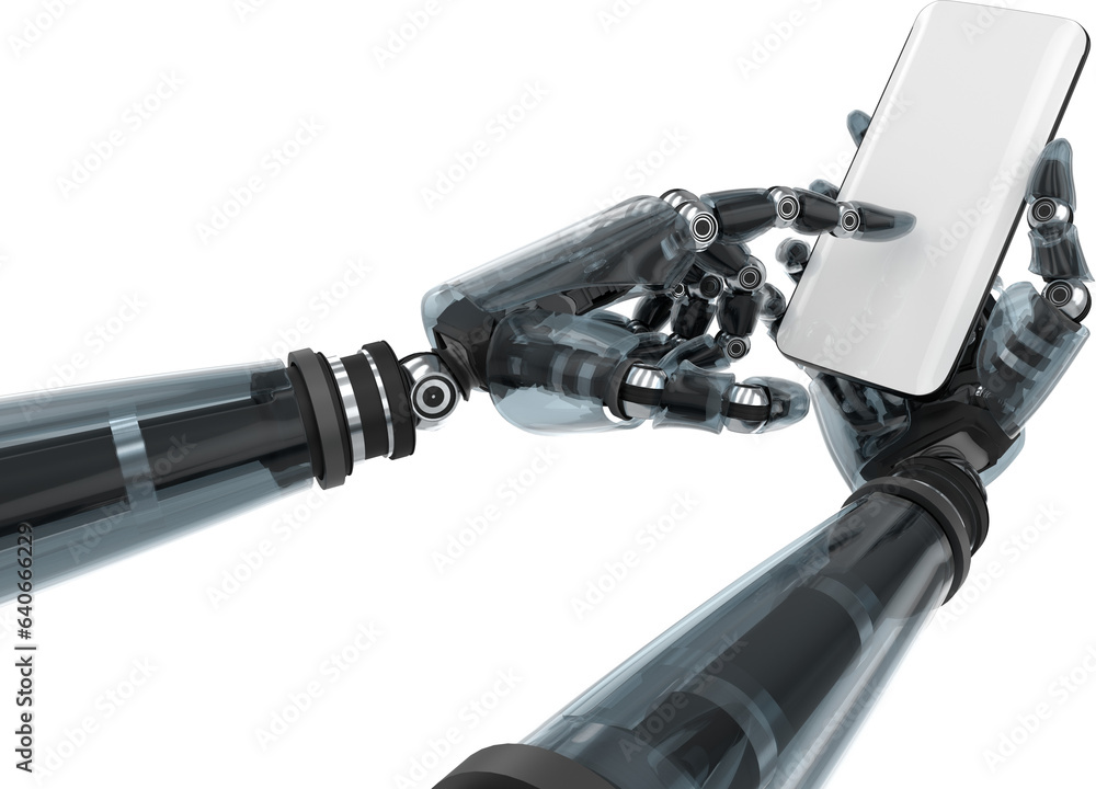 Aufkleber digital png illustration of robotic hands using smartphone with copy space on transparent background