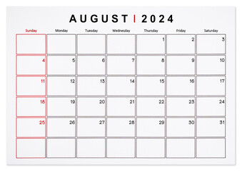 The August 2024 monthly calendar page isolated on white background, Saved clipping path.