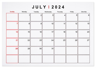 The July 2024 monthly calendar page isolated on white background, Saved clipping path.